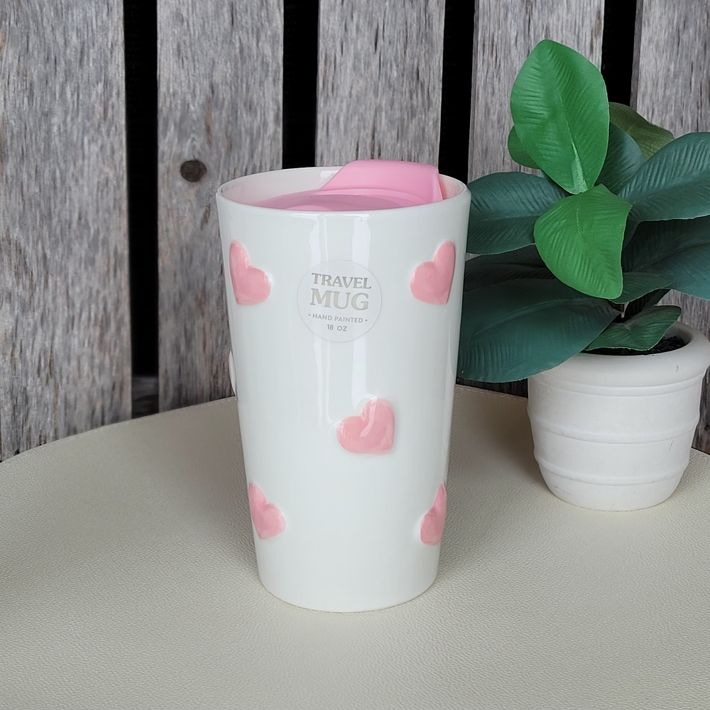 Sunday Morning Heart Pattern Travel Mug - Pink and White